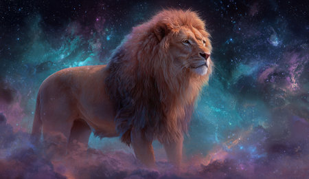 A magnificent lion stands prominently, illuminated against a backdrop of a colorful, swirling nebula. The animal displays rich, warm tones in its fur, with a soft, diffused lighting enhancing its features. The image utilizes a digital painting style, and would be suitable for various projects, including illustrations, advertising or creative content.の素材