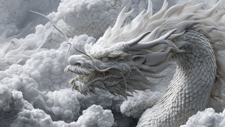 An artistic illustration depicts a mythical white dragon. The dragon, with detailed scales and horns, is set against a backdrop of dense, cloud-like forms in varying shades of white and gray. The artwork showcases a fantasy theme and is suitable for various creative projects, including editorial and commercial purposes.の素材