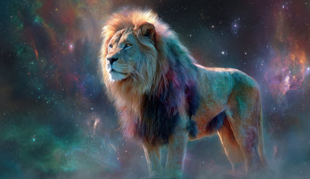 A regal lion is depicted with a vibrant, multicolored mane against a stunning cosmic background of swirling nebulae. The image showcases a blend of fantasy and realism, with a dramatic use of lighting and color to create a compelling visual. Suitable for imaginative content, potentially for use in advertising or creative projects.の素材