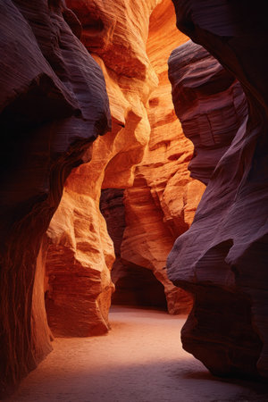 The image showcases a narrow canyon with towering sandstone walls. The scene is illuminated by warm light, possibly from the sun, creating a gradient of colors across the textured surfaces. The composition leads the eye through the passage, highlighting the geological formations. Suitable for various commercial or editorial projects.の素材