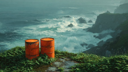 Two orange metal barrels sit atop a grassy cliff, offering a contrasting color against the rugged coastal scenery. The ocean displays churning white waves and the surrounding terrain presents a muted color palette. This image could be used for visual storytelling in environmental awareness campaigns or illustrating concepts of industry.の素材