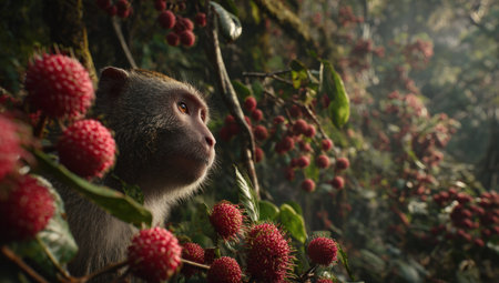 A monkey is seen amidst lush green vegetation and vibrant red fruits. The composition is well-lit, highlighting the details of the animal and its surroundings. The image portrays a natural environment with possible applications in environmental publications, educational resources, or wildlife-themed projects.の素材