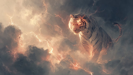 A powerful tiger emerges dramatically from swirling storm clouds illuminated by streaks of lightning. The scene features a warm color palette with fiery oranges and bright whites against a dark, turbulent backdrop. The artistic composition, with its dynamic lighting, could be suitable for fantasy art, book covers, or impactful advertising.の素材