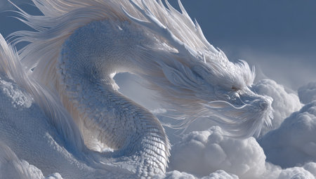 A majestic white dragon gracefully navigates a cloudy environment. The artwork exhibits a soft, ethereal style with pastel colors and intricate details. The composition uses an overhead angle. This imagery could be suitable for fantasy illustrations, book covers, or conceptual designs.の素材