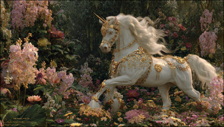 A white unicorn, adorned with gold, stands gracefully in a lush environment surrounded by blossoming pink and white flowers. The detailed composition features soft lighting and a painterly style, creating a fantasy scene. This image may be suitable for illustrations, advertising materials, and other commercial projects.の素材