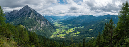 The image captures a majestic mountain landscape with a panoramic perspective. It showcases a vista of peaks, lush green valleys, and dense forests. The composition is enhanced by the overcast sky. It could be used for various editorial and commercial purposes, such as illustrating travel destinations or nature-related themes.の素材