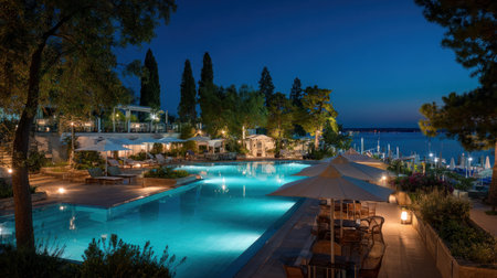 An outdoor scene presents a swimming pool at night, illuminated by soft lights. Parasols shade tables, suggesting a resort or recreational area. Trees and water contribute to the ambiance, under a dark blue sky. The image could be used for promotional materials or illustrations.の素材