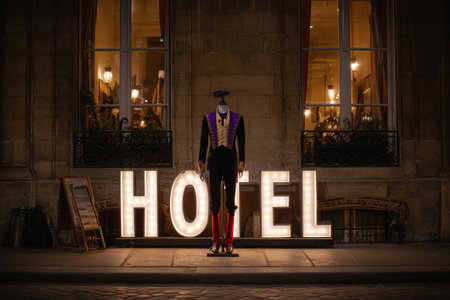 A mannequin dressed in elegant formal wear stands in front of a glowing HOTEL sign. The scene is set outdoors at night, with warm lighting suggesting a welcoming atmosphere. The composition highlights the mannequin and the sign against a stone building. Suitable for various commercial and editorial uses.の素材