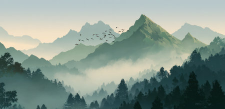 The image presents a layered mountain landscape in shades of green and blue. The composition includes peaks, atmospheric fog, and scattered trees. The style is illustrative, potentially suitable for use in various commercial applications such as print or digital media.の素材