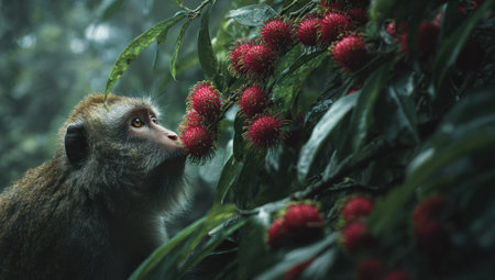 A monkey delicately sniffs vibrant red fruits within a dense, green canopy. The composition is a close-up, revealing the texture of leaves and the monkey's fur. The scene appears to be outdoors, possibly during daylight, with soft lighting. This image may be suitable for use in editorial articles or for illustrating themes related to nature.の素材