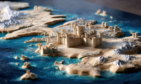 An overhead perspective showcases a detailed miniature landscape depicting a medieval fortress on an island. The island is surrounded by vibrant blue ocean, with textured land masses and miniature mountains. The scene is illuminated with soft lighting, suggesting a daytime setting, suitable for various commercial and editorial projects.の素材