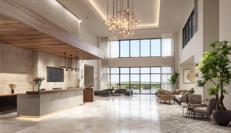 This image showcases a modern hotel lobby with a reception desk and a seating area. The space is illuminated by natural light through large windows and an elegant chandelier. The interior features a minimalist style with a focus on clean lines and neutral tones. Suitable for commercial and editorial projects focused on architecture or hospitality.の素材