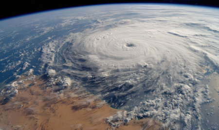 A large hurricane is shown from a high-altitude perspective, showcasing the Earth's atmosphere and cloud formations. The image displays swirling white clouds contrasted against the blue ocean and brown landmass. The composition, with its lighting and detail, offers visual information for scientific or educational uses.の素材