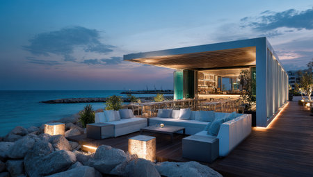 A contemporary outdoor lounge setting features white sofas, tables, and ambient lighting. The scene showcases a modern architectural design with a view of the ocean and an evening sky. It has potential uses in lifestyle, travel, or hospitality-related visual projects.の素材