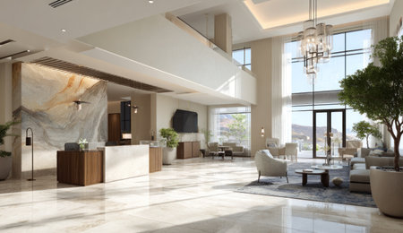 A spacious hotel lobby features natural light from large windows illuminating a contemporary interior. The scene showcases modern furniture, decorative plants, and marble flooring. The image presents potential use in commercial projects related to hospitality and design. A neutral color palette enhances the sophisticated setting.の素材