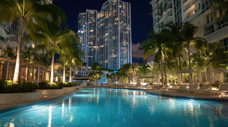 An exterior shot captures a tranquil swimming pool at night, reflecting ambient lighting from surrounding structures. Palm trees line the pool's edge, leading to a backdrop of high-rise residential buildings. The scene is bathed in soft, artificial light, suggesting a nighttime setting suitable for various commercial and editorial applications.の素材