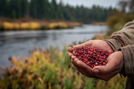 A person holds a handful of vibrant red berries, captured in a medium shot. The image showcases a naturalistic style with soft focus. A river and autumn forest backdrop creates a tranquil, outdoor environment. This image is suitable for various uses, including illustrating healthy eating or nature themes.の素材