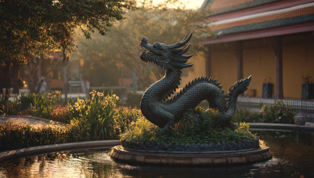A sculpted dragon statue rests in a decorative pond within a meticulously kept garden. The image highlights the statue's intricate details and the lush surrounding greenery. Warm sunlight bathes the scene, creating a peaceful atmosphere, ideal for artistic endeavors or illustrations. The scene may be used for travel, cultural or historical projects.の素材