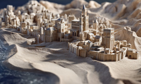 The image presents a meticulously crafted miniature cityscape set against a textured sand background. The buildings exhibit a light, monochromatic color scheme, with detailed architectural elements. The composition includes a sense of depth and scale. This image could be suitable for architectural visualizations, creative projects, or conceptual designs.の素材