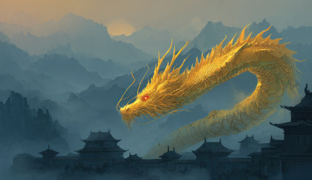 An illustration portrays a golden dragon soaring above a mountainous environment. The artwork exhibits a blend of warm gold and cool blues, suggesting a majestic, fantastical scene. The composition likely features digital painting techniques. This image is suitable for various applications, including promotional materials or artistic projects.の素材