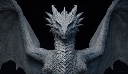 A detailed image presents a white dragon with its wings extended, set against a dark backdrop. The dragon displays intricate textures and patterns, suggesting a fantasy setting. This artwork could be suitable for various applications including illustrations, graphic designs, and projects related to mythology or fantasy themes.の素材
