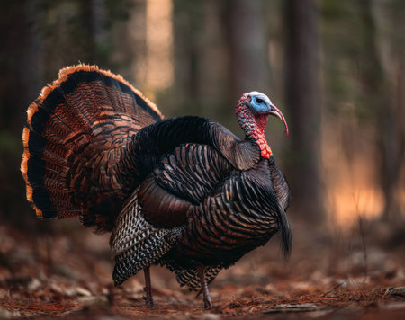 A wild turkey stands prominently, its vibrant feathers displayed against a blurred forest background. The bird's plumage features a mix of brown, black, and orange hues. The image utilizes natural light and offers potential for editorial and commercial applications, such as illustrating wildlife or natural themes.の素材