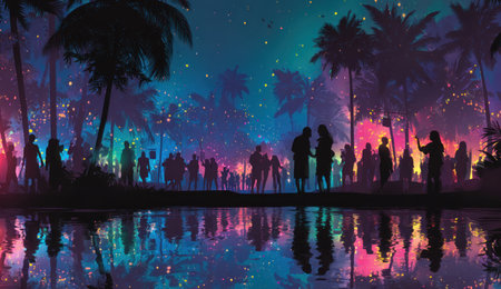 An illustration depicts a night scene featuring silhouetted figures near water, with palm trees set against a vibrant sky. The color palette uses bright blues, pinks, and greens, creating a colorful and whimsical atmosphere. The composition highlights a reflection in the water, suggesting a calm, scenic environment suitable for various creative projects.の素材