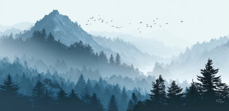 A panoramic view depicts a mountain range shrouded in a soft, ethereal mist. Silhouetted evergreen trees dominate the foreground and slopes, while a flock of birds flies overhead. The palette consists of cool blues and greens, suggesting a tranquil natural setting. The image could be used for editorial or commercial projects.の素材