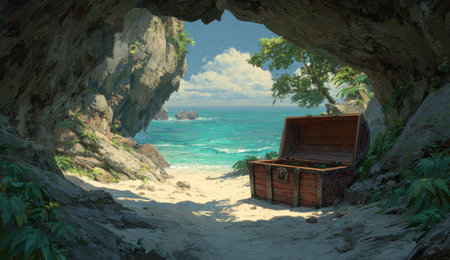 A wooden treasure chest sits open on a sandy beach, framed by a natural archway of rocks and foliage. The scene features a vibrant turquoise ocean meeting a bright blue sky dotted with fluffy white clouds. Soft lighting suggests a daytime setting, suitable for various creative and commercial applications.の素材