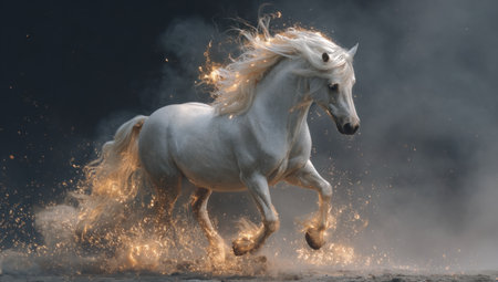 A white horse is depicted running amidst glowing smoke, its flowing mane and tail illuminated. The image exhibits a dramatic composition with contrasting dark and light tones, suggestive of an outdoor environment. Suitable for various commercial uses, the artwork could be employed in advertising, design, or editorial projects.の素材