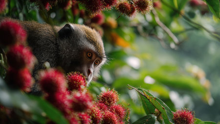 A monkey is shown amidst a dense array of leaves and red, spiky fruit. The image showcases a close-up perspective, emphasizing the textures and colors. The scene likely takes place in a natural environment, possibly during daylight hours, and may be suitable for various visual communication purposes.の素材