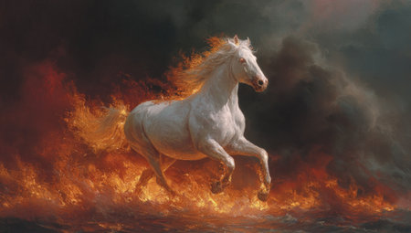 A white horse is depicted mid-leap, seemingly surrounded by fiery flames and billowing smoke. The artwork presents a dramatic composition with rich textures and warm colors, set against a darker background. The image could be used for editorial purposes or as a visual element in commercial design projects.の素材