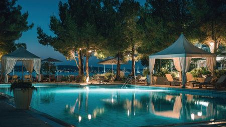 A nighttime shot depicts a resort pool surrounded by trees and lit gazebos. The scene features a calm pool surface reflecting the lights, creating a tranquil atmosphere. The composition includes an overhead view, with a clear sky. Suitable for promotional material and travel related publications.の素材