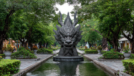 A detailed dragon statue rises from a reflecting pool in a park setting. The sculpture showcases intricate carvings, while a variety of green trees and bushes frame the scene. The image uses natural lighting to highlight textures and details. Ideal for illustrating cultural heritage, architectural design, or landscape themes, it suits both commercial and editorial applications.の素材