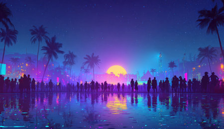 A vibrant digital illustration depicts a crowd of people silhouetted against a neon-lit sunset. Palm trees frame the scene, reflecting on a wet surface. The artwork showcases vivid blues, purples, and oranges, creating a futuristic, stylized ambiance. Suitable for various commercial applications.の素材