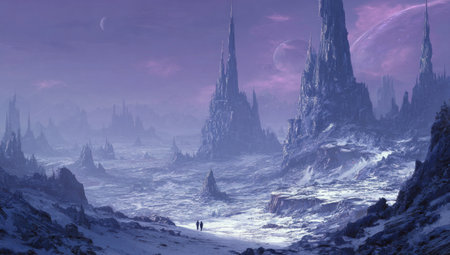 An ethereal landscape depicts sharp, towering rock formations under a purple sky. Two figures stand in the foreground, dwarfed by the scale of the scene. The composition emphasizes vastness and isolation. The image, rendered with digital painting techniques, could be used for fantasy illustrations or concept art purposes.の素材