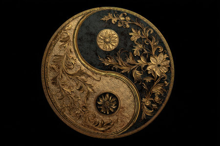 An intricately designed Yin Yang symbol is presented on a dark background. The artwork showcases gold and black color contrast, with elaborate floral patterns. The lighting creates a sense of depth and dimension. It could be used for various design projects, including spiritual, cultural, or decorative applications.の素材