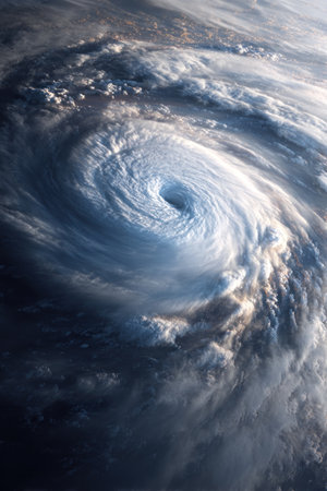 A large hurricane is seen from above, showcasing a dramatic display of swirling clouds and a dark sky. The composition emphasizes the hurricane's eye and spiral structure, rendered with shades of blue, gray, and white. This image could be used for educational purposes, weather reports, or various design projects.の素材