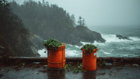 Two orange barrels overflowing with green foliage are positioned near a rugged coastline with ocean waves crashing against rocks. The scene is captured in a moody, overcast setting with muted colors and a focus on texture. The image suggests an outdoor environment and may be suitable for editorial content or background imagery.の素材
