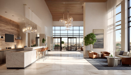 This interior showcases a spacious open area filled with natural light. Features include high ceilings, hardwood accents, and contemporary furnishings. A large window provides a scenic view, while the overall design emphasizes a clean and inviting atmosphere suitable for various commercial applications.の素材