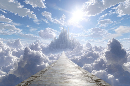 A pathway extends towards a distant castle nestled within a cloudscape under a brilliant sun. The scene showcases a composition of fluffy white clouds against a blue sky. This image could be suitable for use in fantasy illustrations, conceptual designs, or as a background element for various creative projects. The lighting creates a sense of hope.の素材