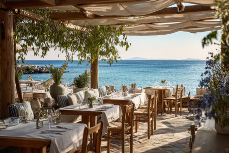 A serene outdoor dining scene features tables set under a shaded structure. Tables are covered with white cloths, with chairs ready for guests. The background showcases a scenic ocean view under sunlight, creating a relaxing atmosphere. Suitable for editorial purposes, this image could be used to promote tourism or dining experiences.の素材