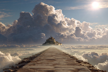 A pathway leads towards a castle seemingly floating amidst clouds under a bright sun. The image features a warm color palette with textured stone and soft, fluffy clouds. It conveys a sense of aspiration and destination, potentially suitable for illustrations or conceptual artwork.の素材