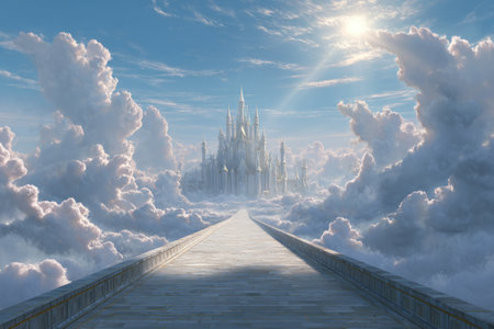 A long pathway leads to a fantasy castle amidst a heavenly landscape. The image features bright sunlight shining through clouds. The composition is balanced, with a clear path. This artwork might be suitable for various creative projects, including illustrations and conceptual design.の素材