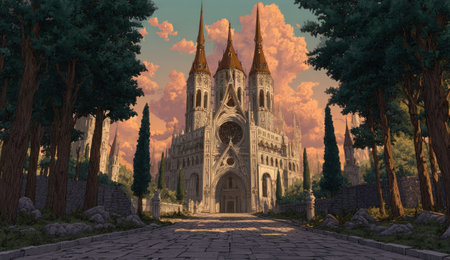 An elaborate gothic cathedral dominates the landscape, its spires reaching towards a vibrant sunset. The image showcases architectural details, framed by tall trees, and a pathway leading to the building. The composition evokes a sense of grandeur and mystery, ideal for editorial and design projects.の素材