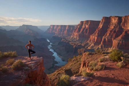 A person performs a balancing yoga pose on a rock formation. The scene features a vast canyon landscape with reddish-brown rock formations and a river below. The composition utilizes warm lighting and natural colors. This image may be suitable for wellness, travel, or outdoor lifestyle projects.の素材