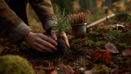 A person is planting a small tree seedling in a forest environment. The image shows close-up hands carefully placing the plant in the ground among moss and fallen leaves. Warm tones, soft lighting, and a shallow depth of field emphasize the subject. This image is suitable for illustrating environmental themes, conservation efforts, and sustainability.の素材