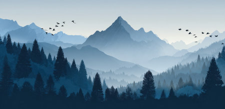 This illustration depicts a mountain range with layered peaks and valleys. The color palette consists of cool blue and dark tones, conveying depth and distance. Silhouetted trees and birds in flight add detail to the minimalist design, possibly usable for various editorial or commercial purposes.の素材