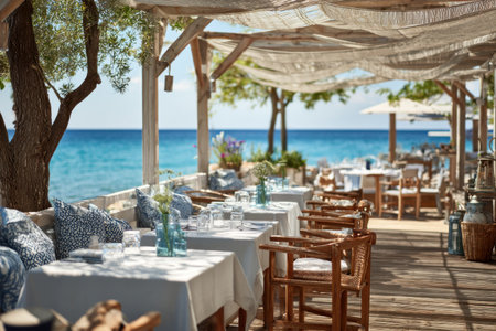 An outdoor restaurant features tables set for dining, bathed in sunlight. The scene includes wooden chairs, soft blue cushions, and the backdrop of an expansive ocean. Natural light and a breezy atmosphere suggest a relaxed setting, potentially for commercial purposes, such as travel or lifestyle content.の素材