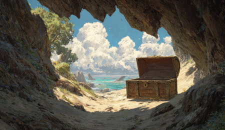 An open wooden chest sits inside a cave entrance, framed by rock formations. The exterior features a sandy beach and the open ocean under a bright blue sky with fluffy white clouds. The composition provides a sense of discovery and adventure, suitable for various commercial and editorial applications.の素材
